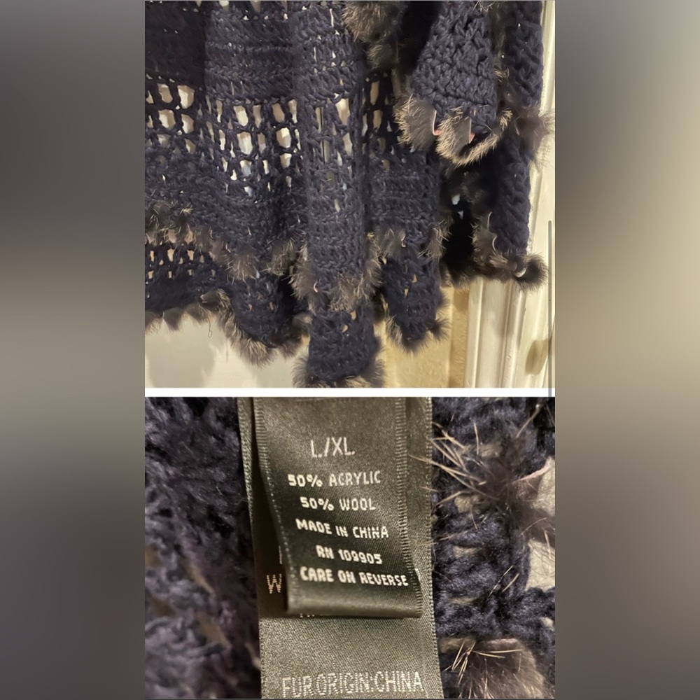 Authentic rabbit fur trim crochet short sleeve shawl. Size L/XL. - Picture 3 of 3